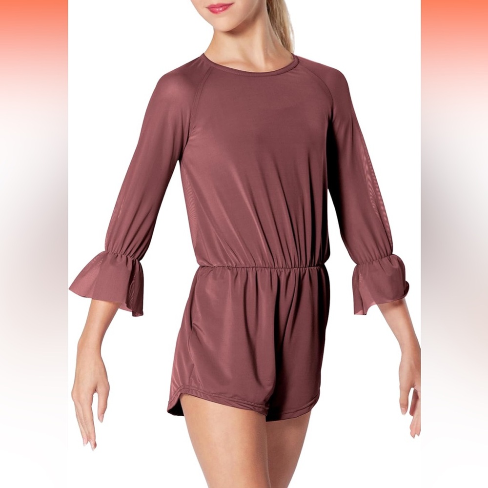 Discontinued Balera Matte Jersey Flounce Sleeve Romper For Dance MA Color Raisin